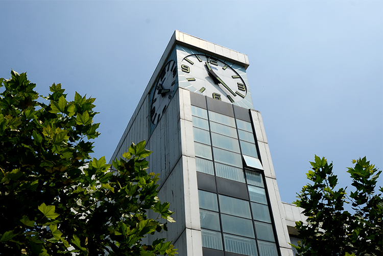 Compas clock-tower building viewed from the factory grounds.